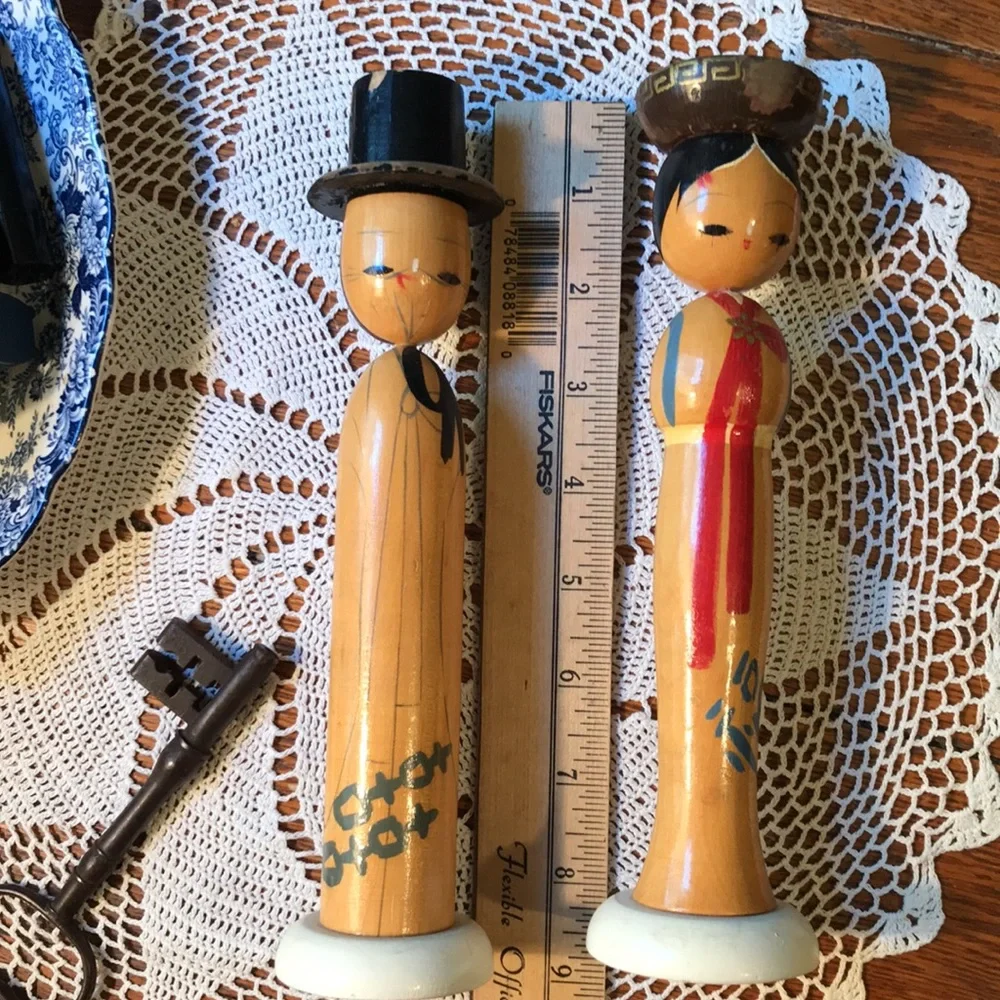 Vintage Kokeshi Wooden Candle Holders Pair Japan